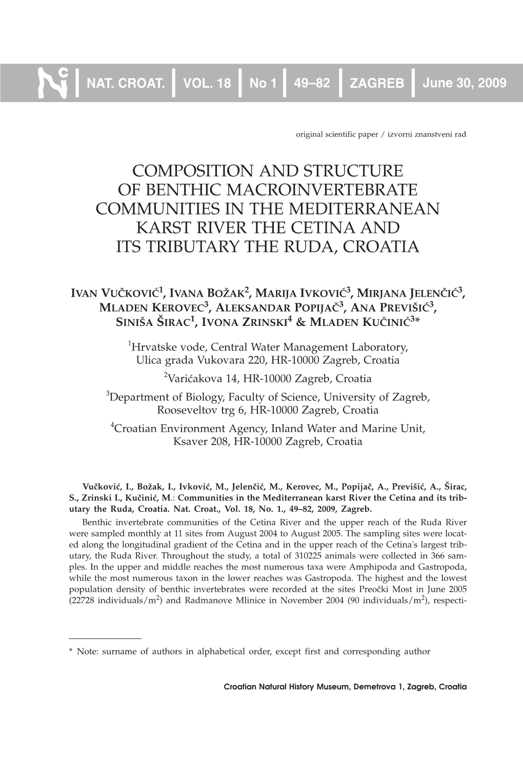 Composition and Structure of Benthic Macroinvertebrate Communities in the Mediterranean Karst River the Cetina and Its Tributary the Ruda, Croatia