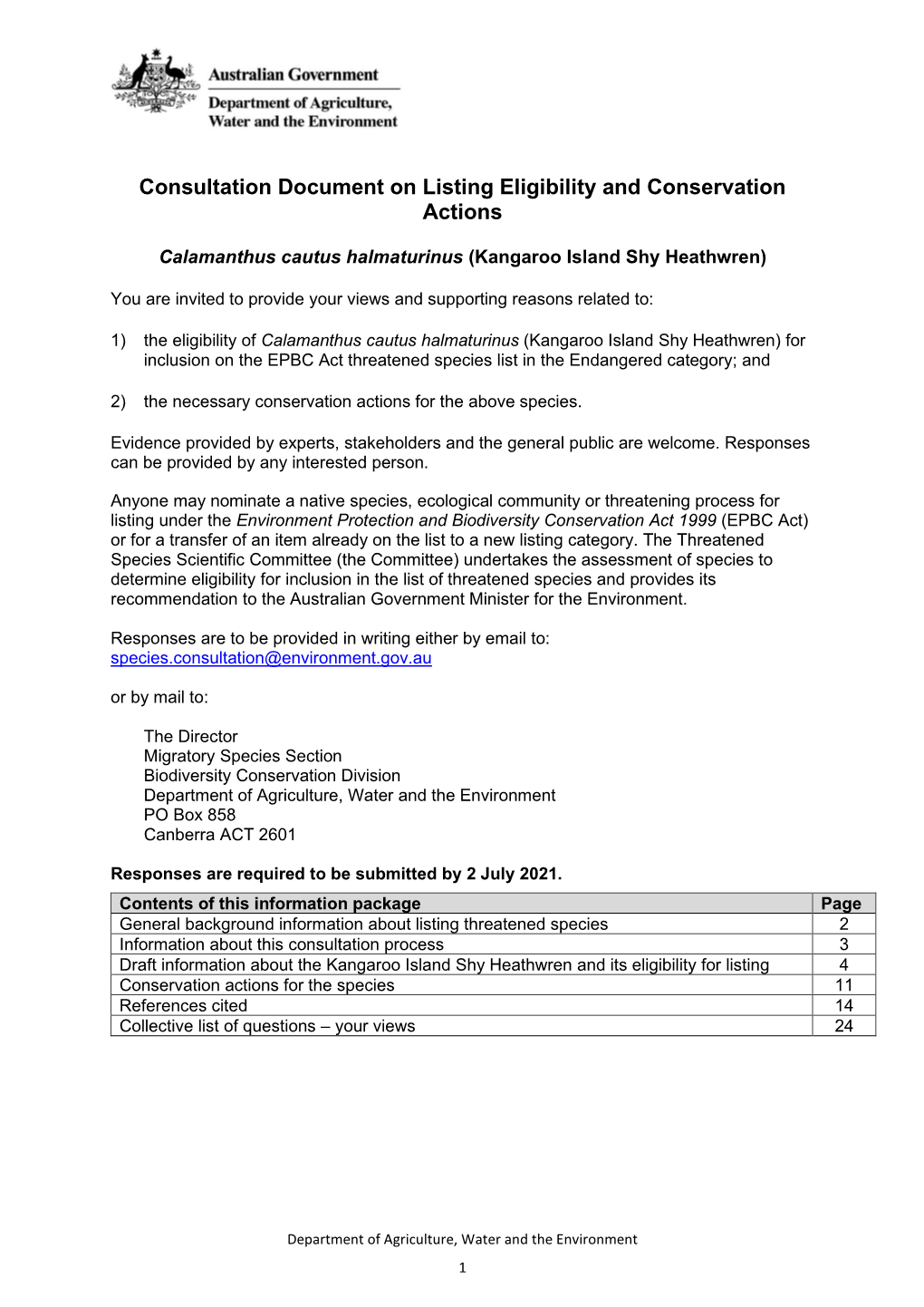 Consultation Document on Listing Eligibility and Conservation Actions