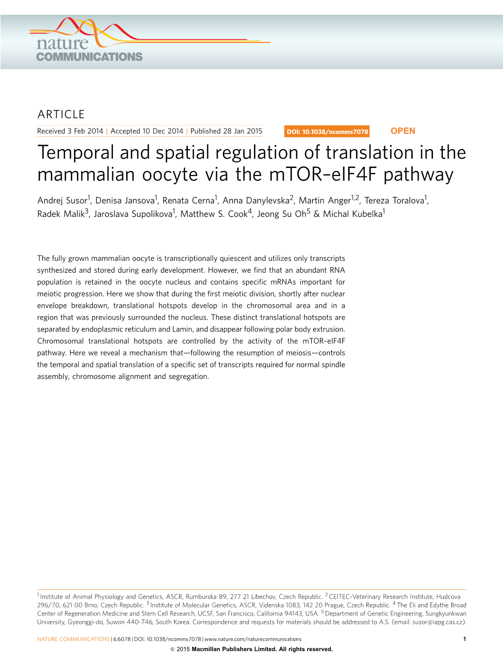 Temporal and Spatial Regulation of Translation in the Mammalian Oocyte Via the Mtor–Eif4f Pathway