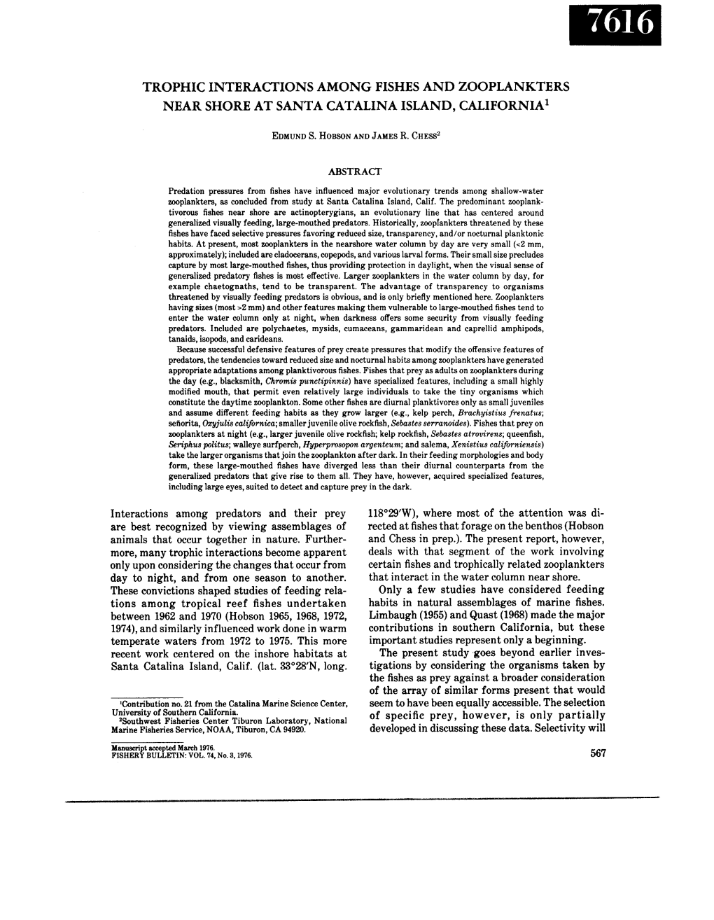 Trophic Interactions Among Fishes a N D Zooplankters Near Shore at Santa Catalina Island, California'