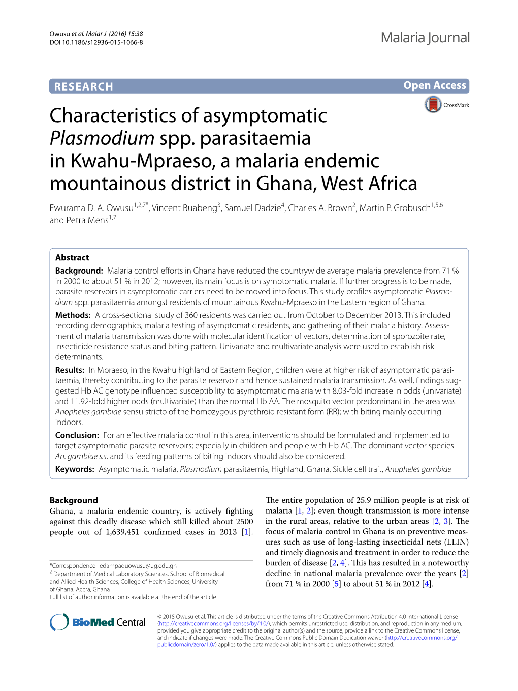 Characteristics of Asymptomatic Plasmodium Spp