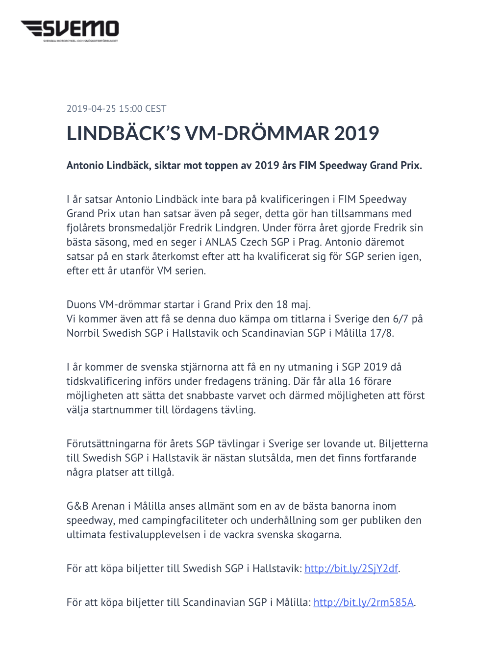 Lindbäck's Vm-Drömmar 2019