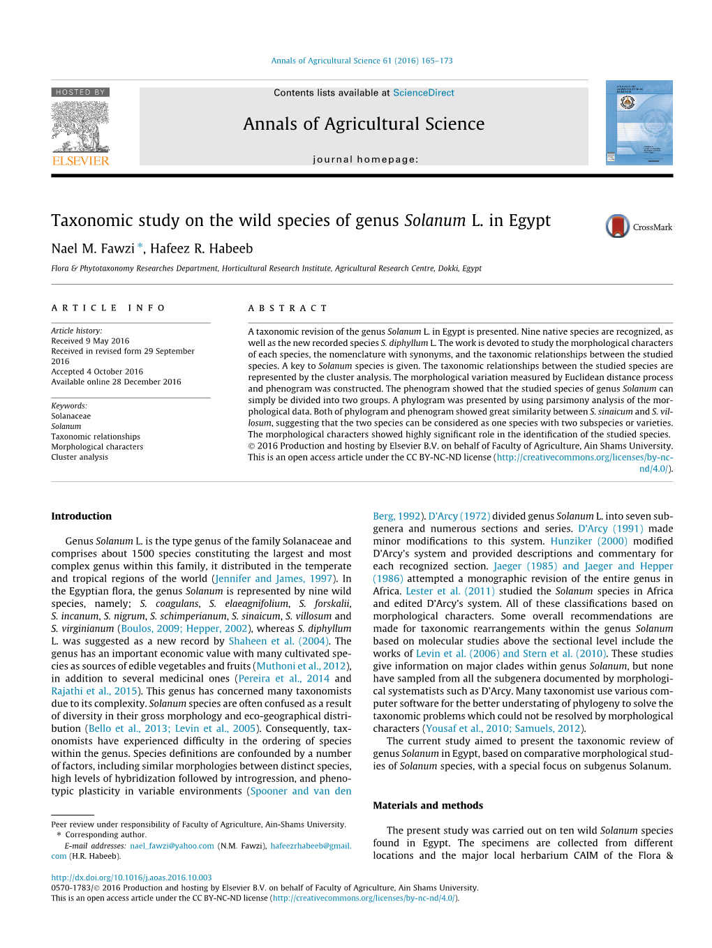 Taxonomic Study on the Wild Species of Genus Solanum L. in Egypt ⇑ Nael M