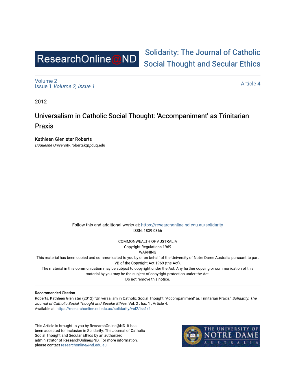 Universalism in Catholic Social Thought: 'Accompaniment' As Trinitarian Praxis