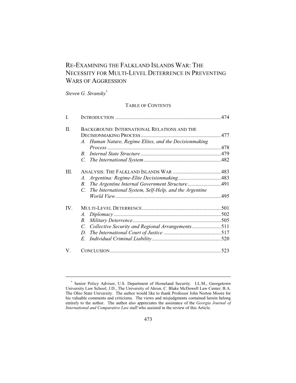 Re-Examining the Falkland Islands War: the Necessity for Multi-Level Deterrence in Preventing Wars of Aggression