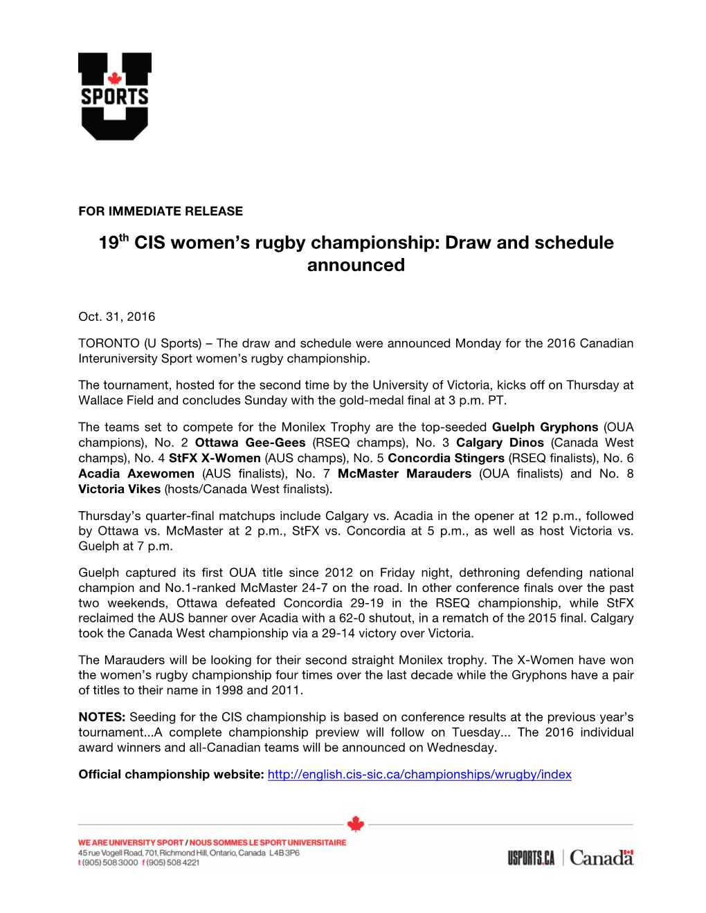 19Th CIS Women's Rugby Championship: Draw and Schedule