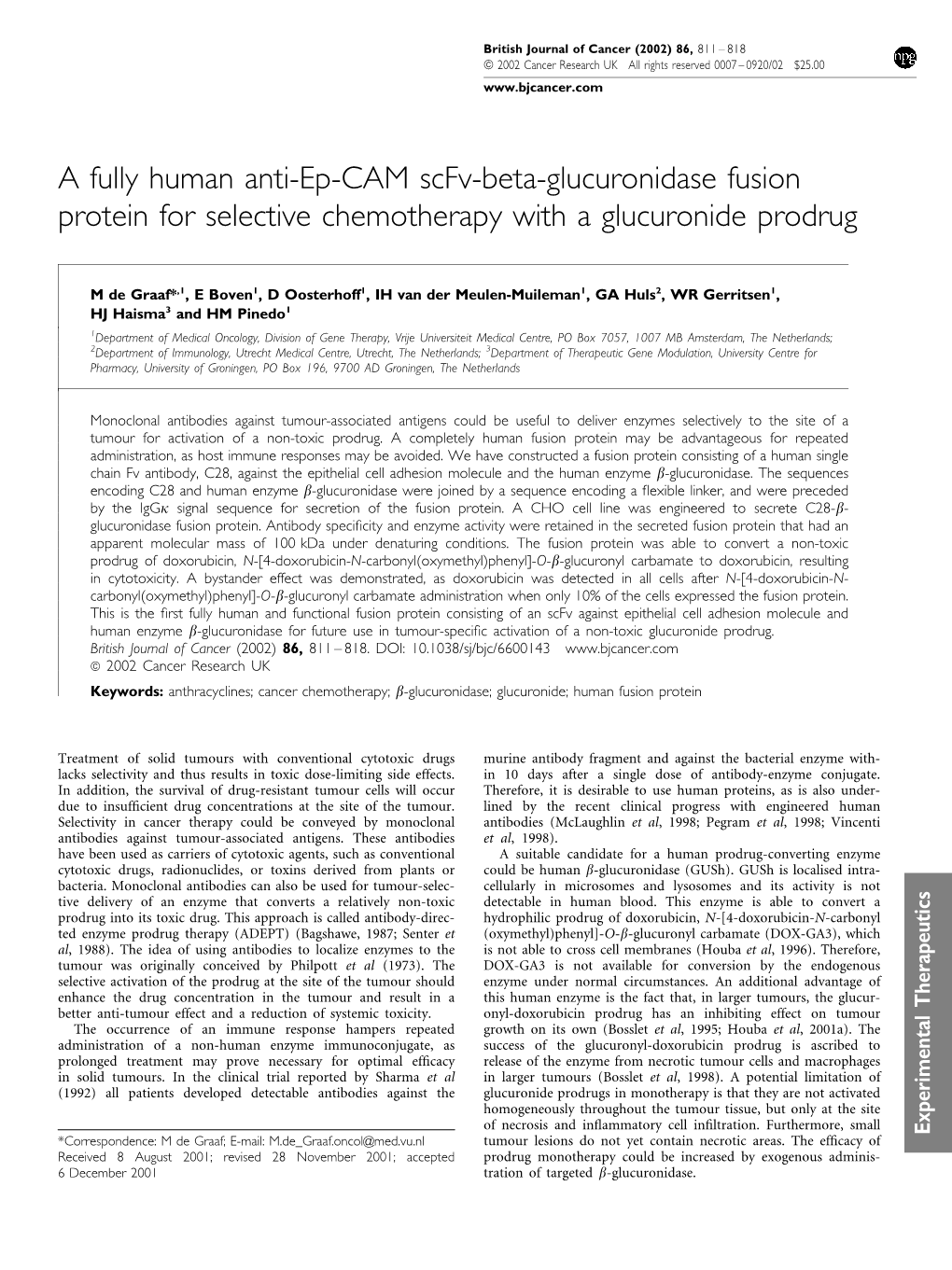 A Fully Human Anti-Ep-CAM Scfv-Beta-Glucuronidase Fusion Protein for Selective Chemotherapy with a Glucuronide Prodrug