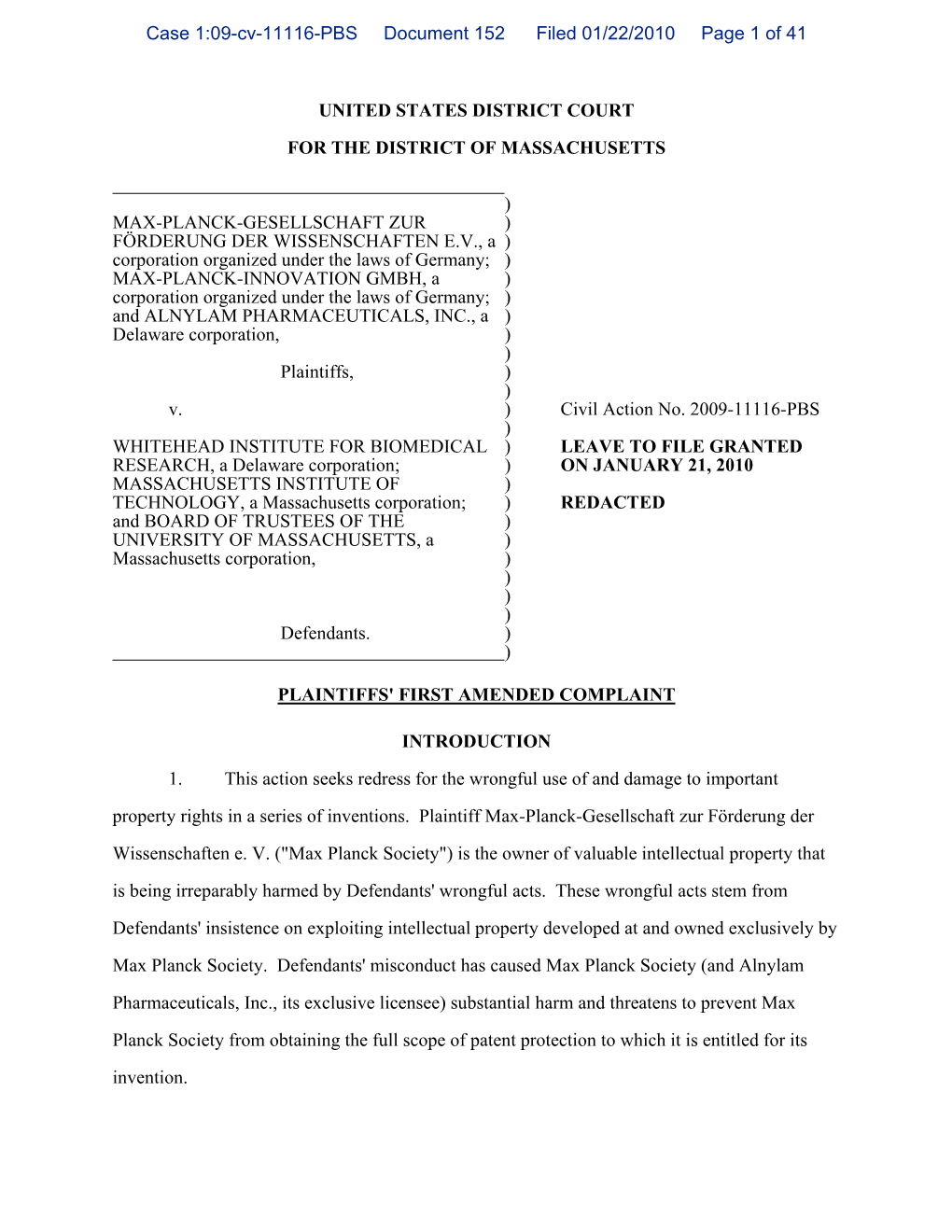 Case 1:09-Cv-11116-PBS Document 152 Filed 01/22/2010 Page 1 of 41