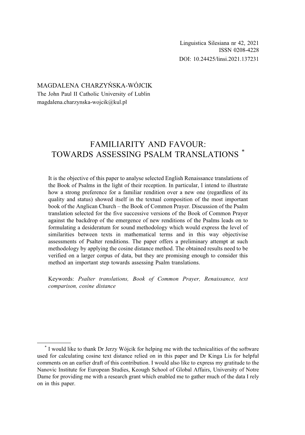 Familiarity and Favour: Towards Assessing Psalm Translations *