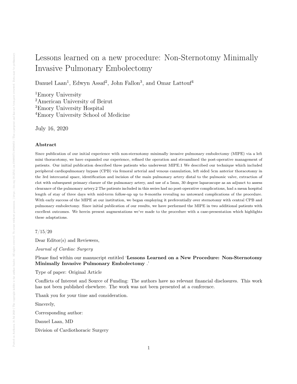 Non-Sternotomy Minimally Invasive Pulmonary Embolectomy