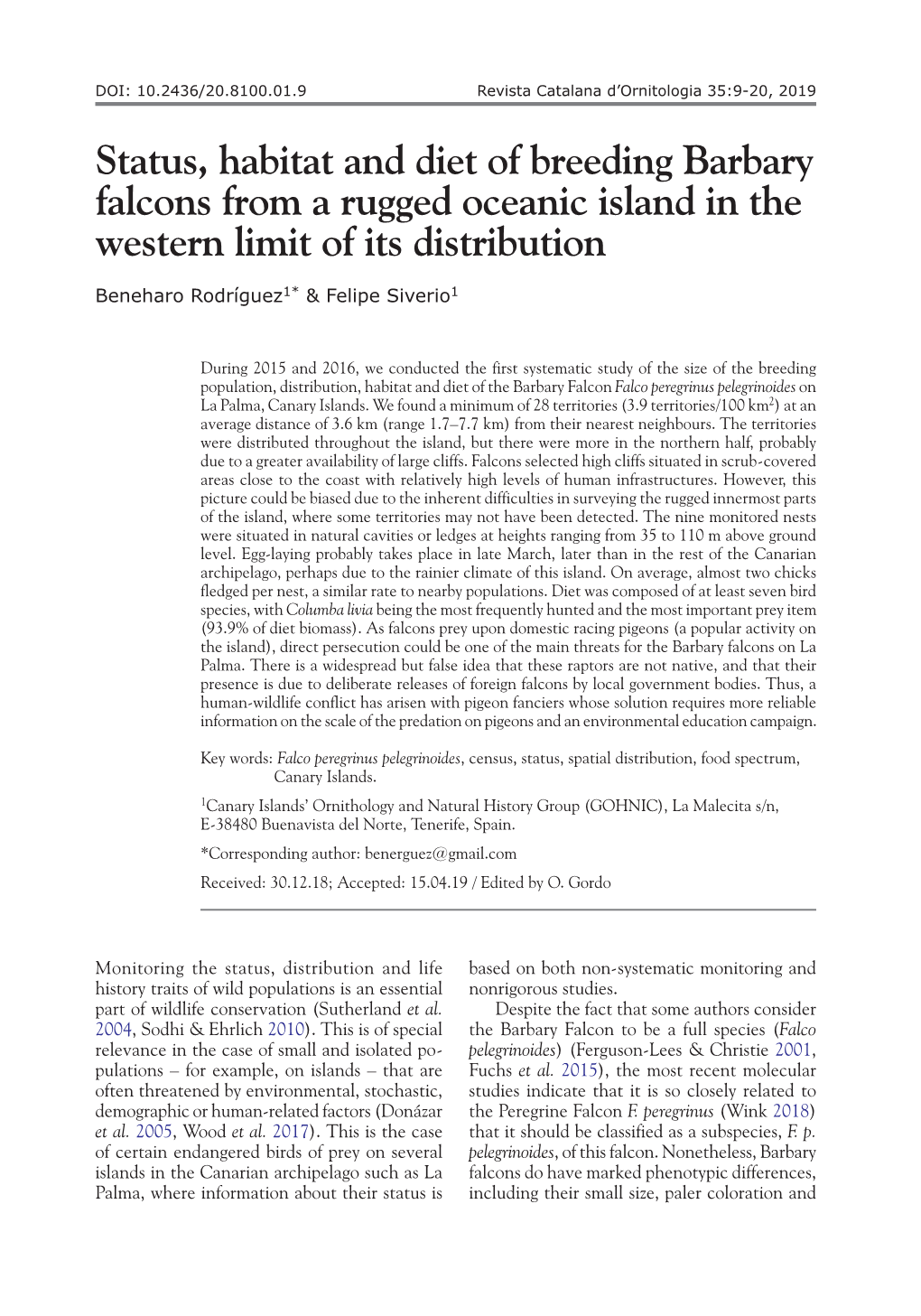 Status, Habitat and Diet of Breeding Barbary Falcons from a Rugged Oceanic Island in the Western Limit of Its Distribution