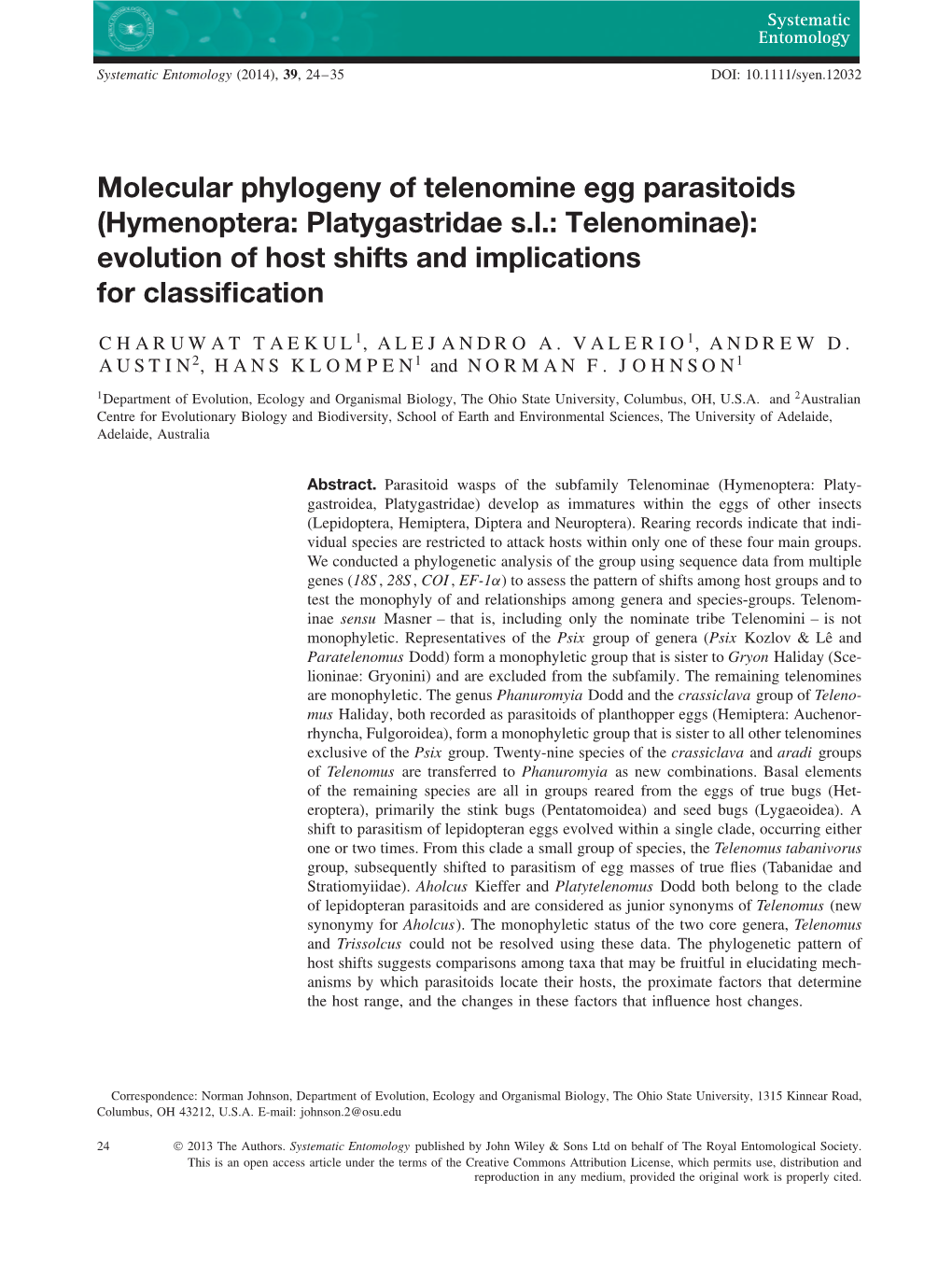 Molecular Phylogeny of Telenomine Egg Parasitoids (Hymenoptera: Platygastridae S.L.: Telenominae): Evolution of Host Shifts and Implications for Classiﬁcation