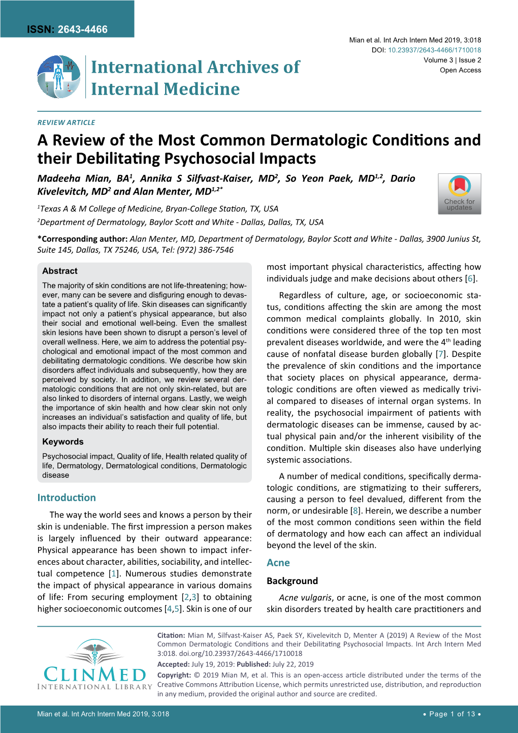 A Review of the Most Common Dermatologic Conditions and Their Debilitating Psychosocial Impacts