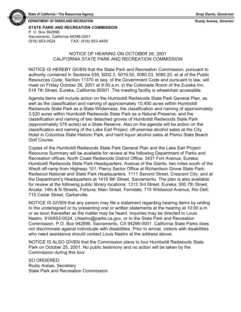 Notice of Hearing on October 26, 2001 California State Park and Recreation Commission
