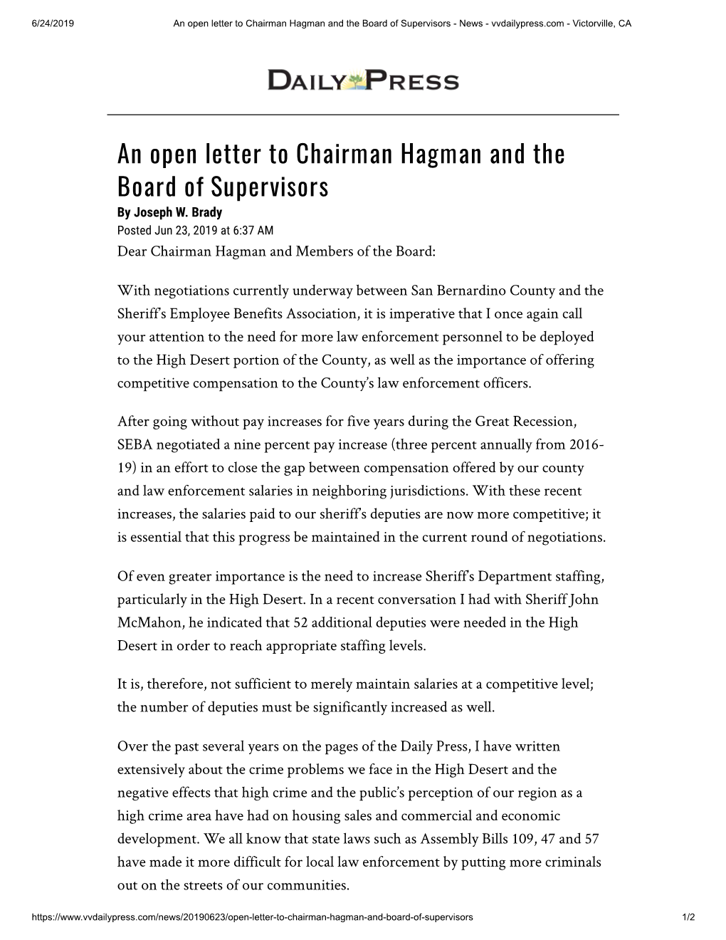 An Open Letter to Chairman Hagman and the Board of Supervisors - News - Vvdailypress.Com - Victorville, CA