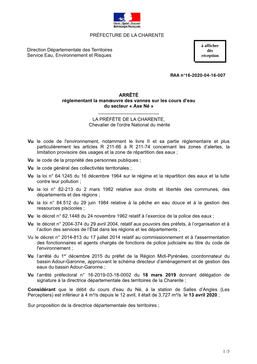 PRÉFECTURE DE LA CHARENTE ARRÊTÉ Réglementant La