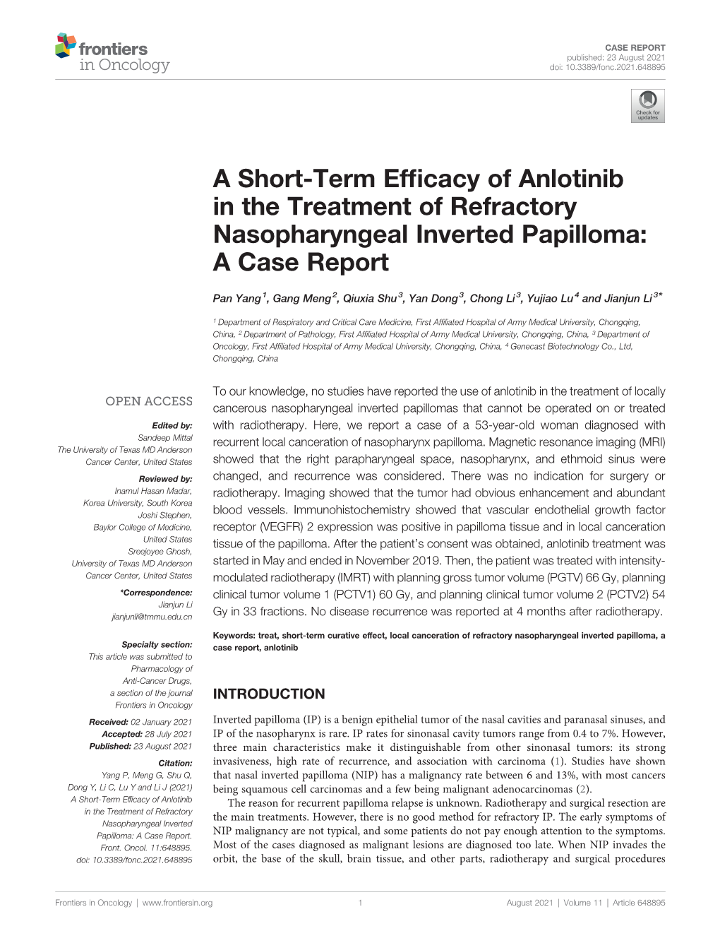 A Short-Term Efficacy of Anlotinib in the Treatment Of