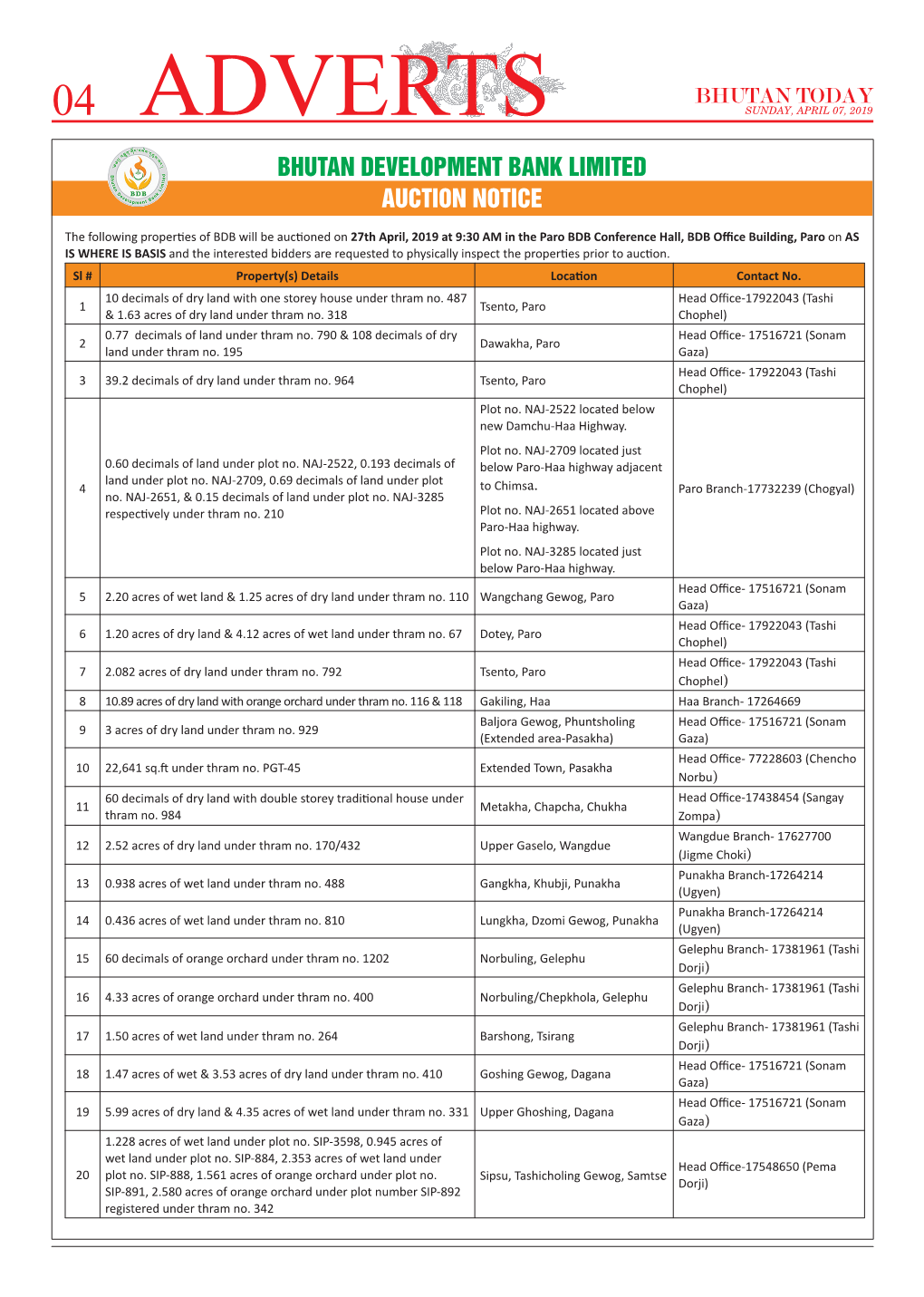 04 Adverts Sunday, April 07, 2019 Bhutan Development Bank Limited Auction Notice