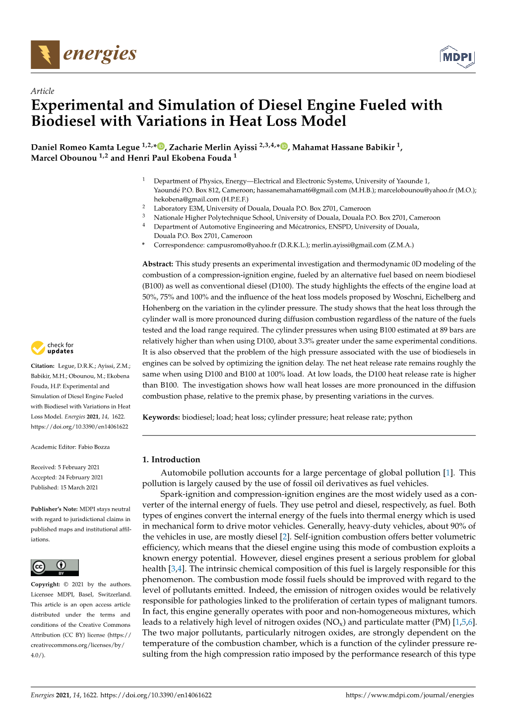 Experimental and Simulation of Diesel Engine Fueled with Biodiesel with Variations in Heat Loss Model