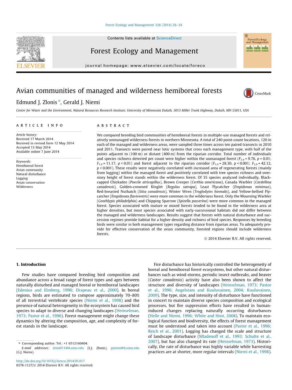 Avian Communities of Managed and Wilderness Hemiboreal Forests ⇑ Edmund J