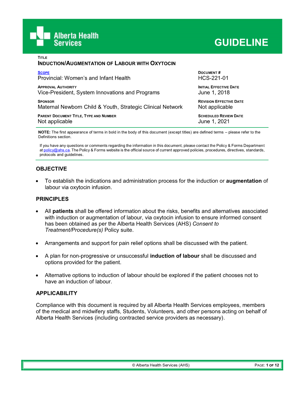 Induction/Augmentation of Labour with Oxytocin Guideline HCS-221-01