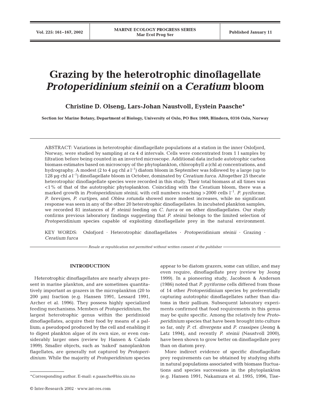 Grazing by the Heterotrophic Dinoflagellate Protoperidinium Steinii on a Ceratium Bloom