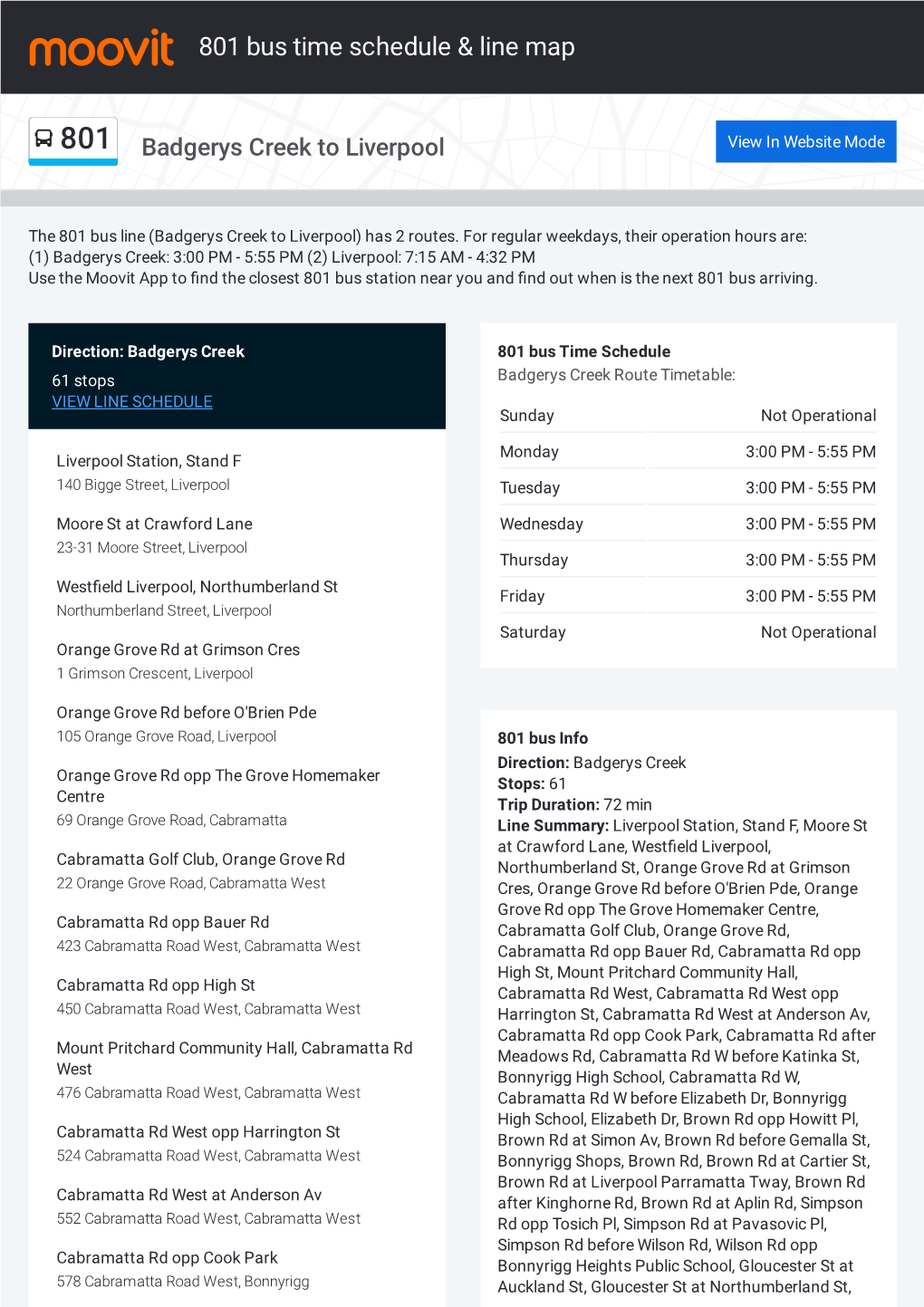 801 Bus Time Schedule & Line Route