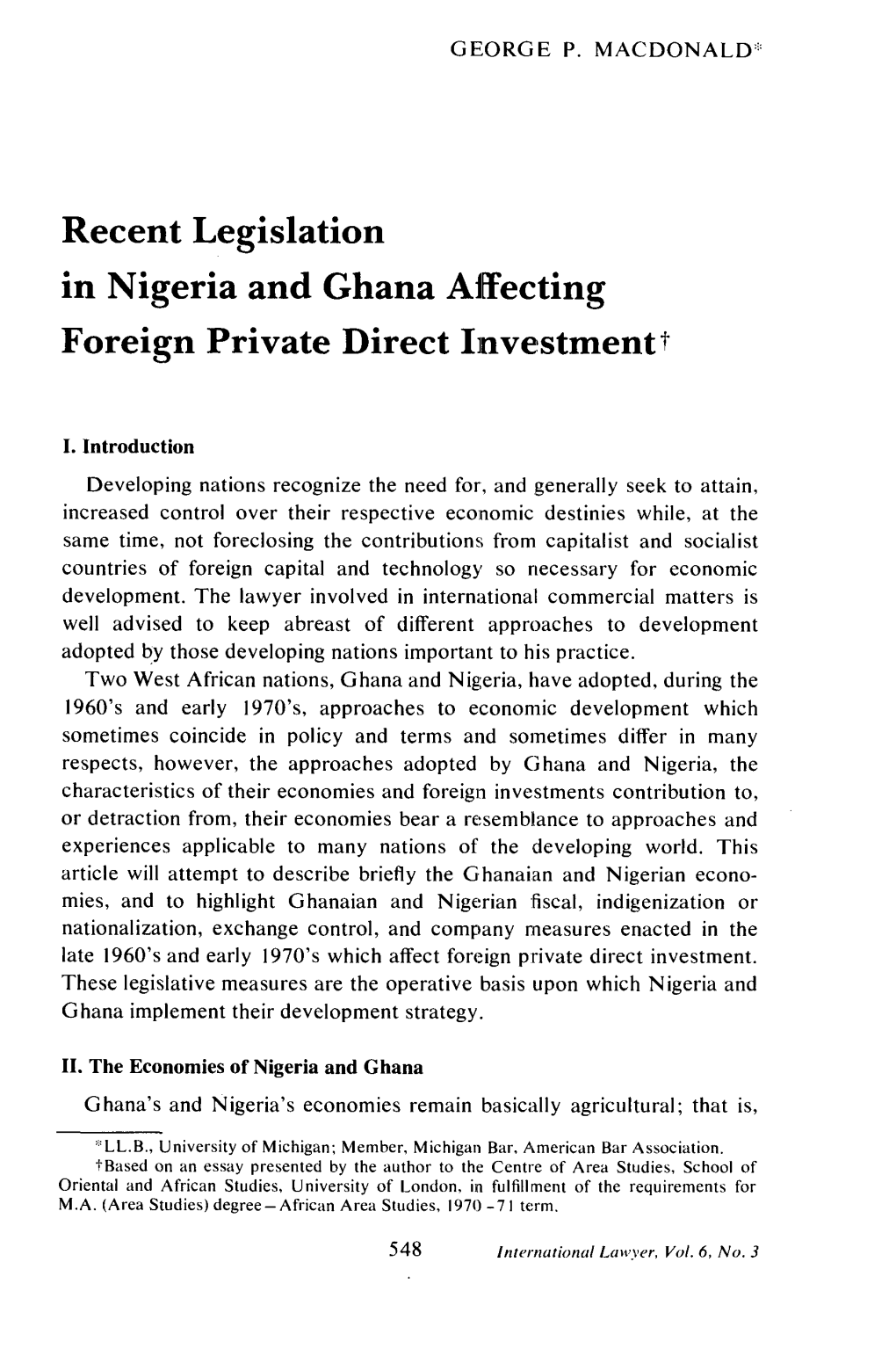 Recent Legislation in Nigeria and Ghana Affecting Foreign Private Direct Investmentt