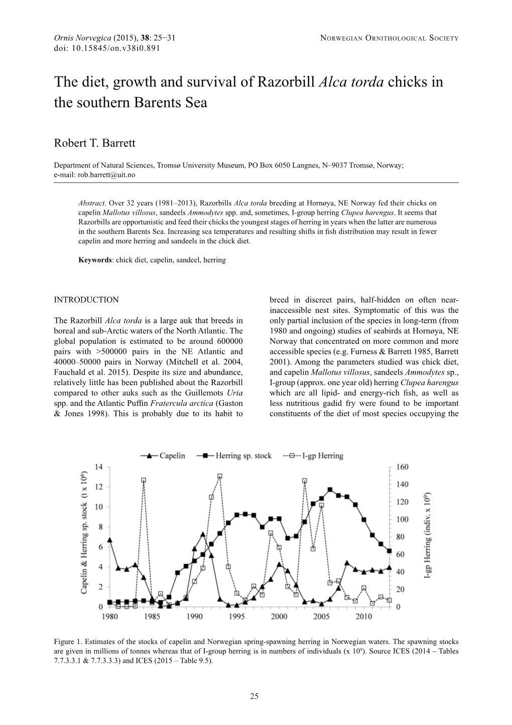 The Diet, Growth and Survival of Razorbill Alca Torda Chicks in the Southern Barents Sea