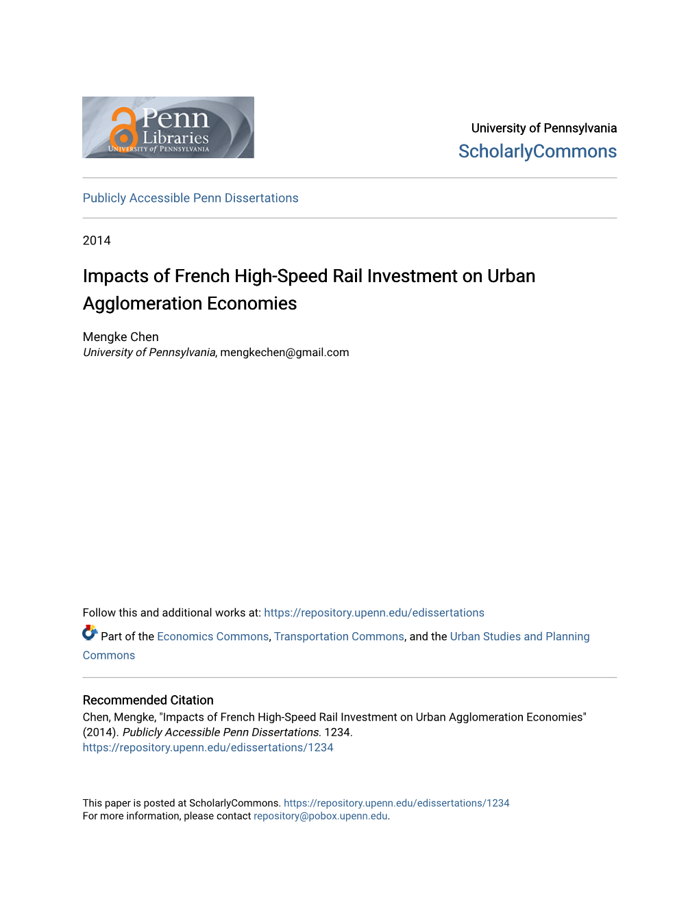 Impacts of French High-Speed Rail Investment on Urban Agglomeration Economies