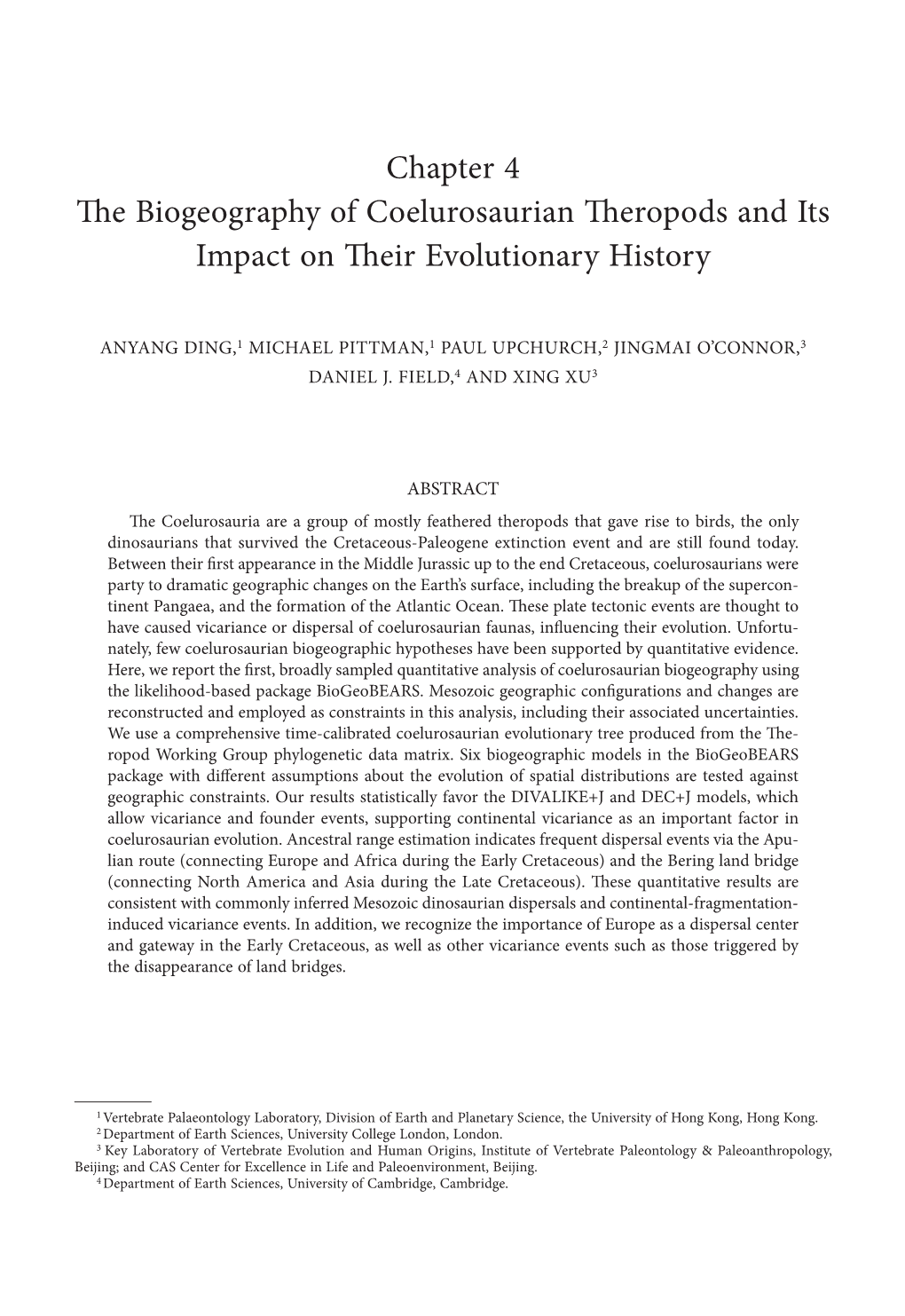 Chapter 4 the Biogeography of Coelurosaurian Theropods and Its Impact on Their Evolutionary History