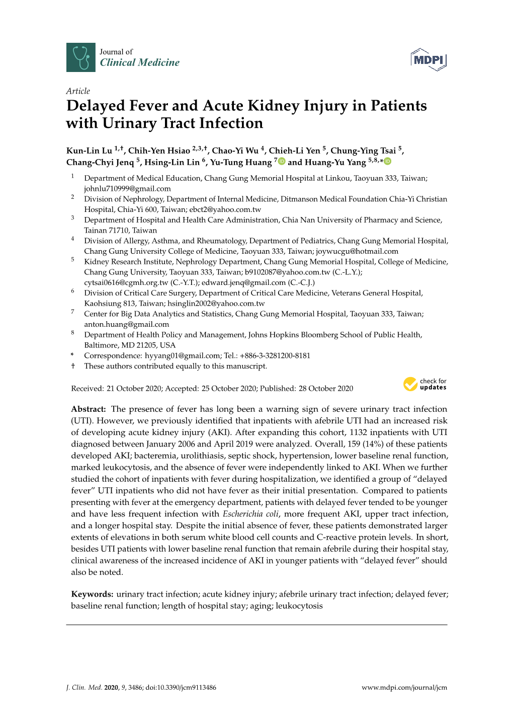 Delayed Fever and Acute Kidney Injury in Patients with Urinary Tract Infection