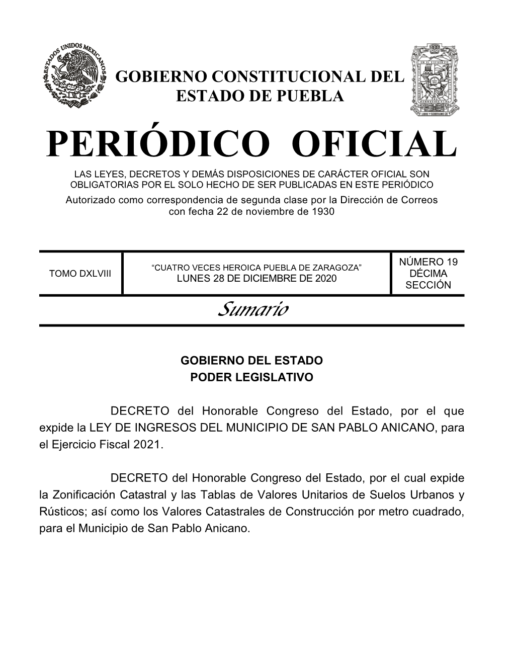 LEY DE INGRESOS DEL MUNICIPIO DE SAN PABLO ANICANO, Para El Ejercicio Fiscal 2021