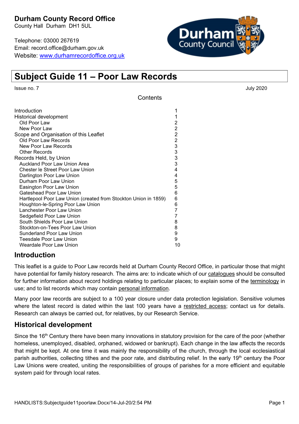 Subject Guide 11 – Poor Law Records Issue No