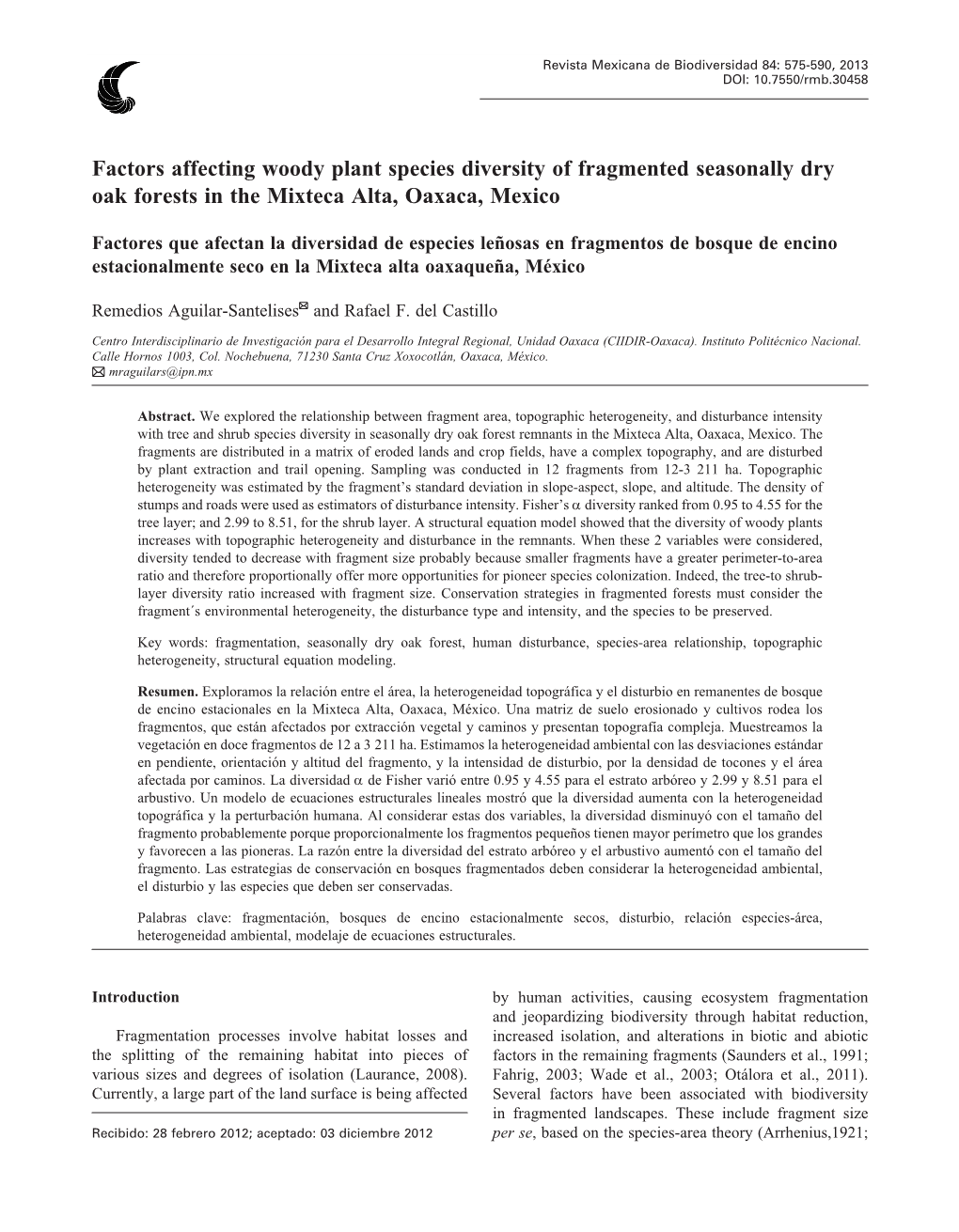 Factors Affecting Woody Plant Species Diversity of Fragmented Seasonally Dry Oak Forests in the Mixteca Alta, Oaxaca, Mexico