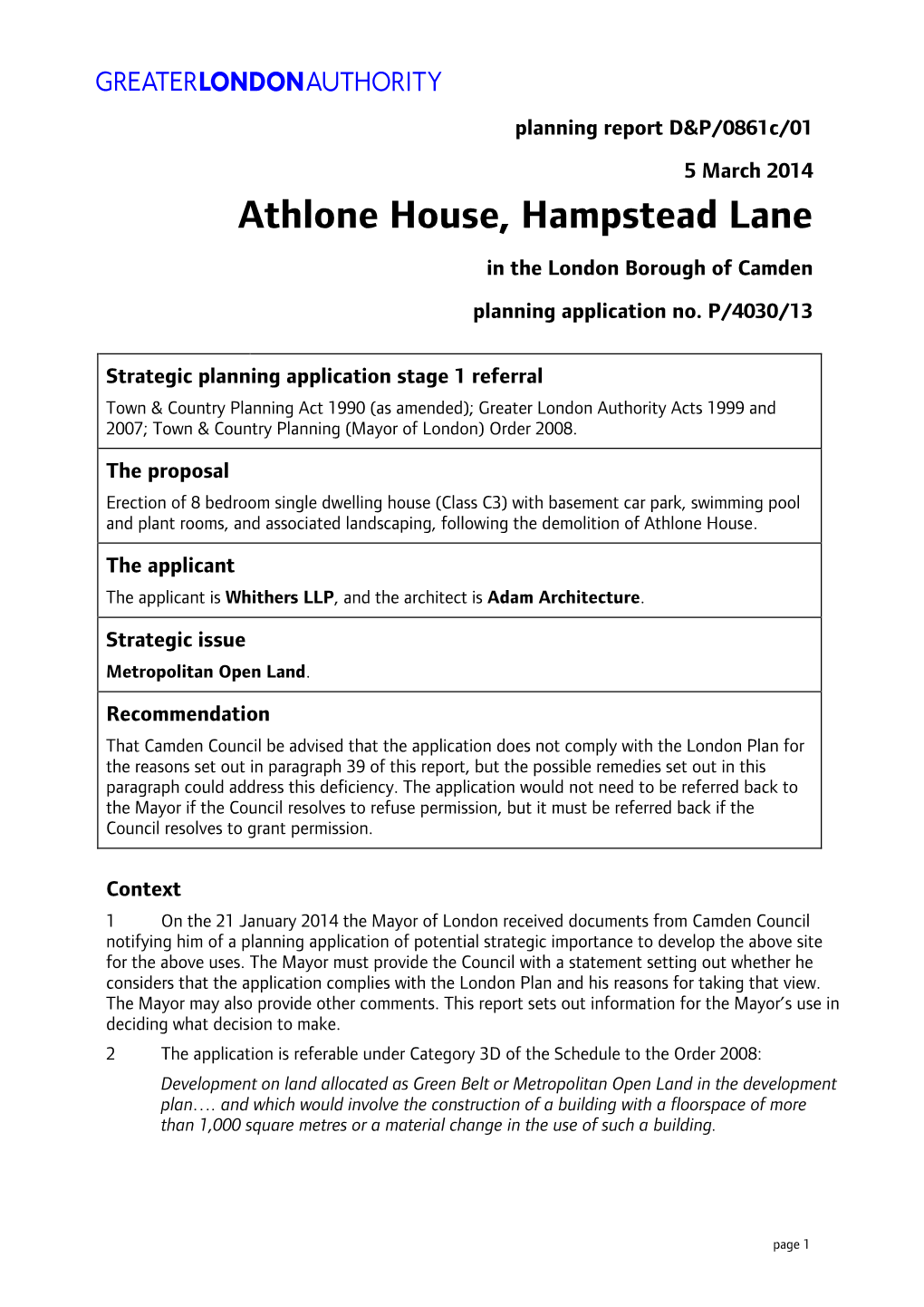 Athlone House, Hampstead Lane in the London Borough of Camden Planning Application No