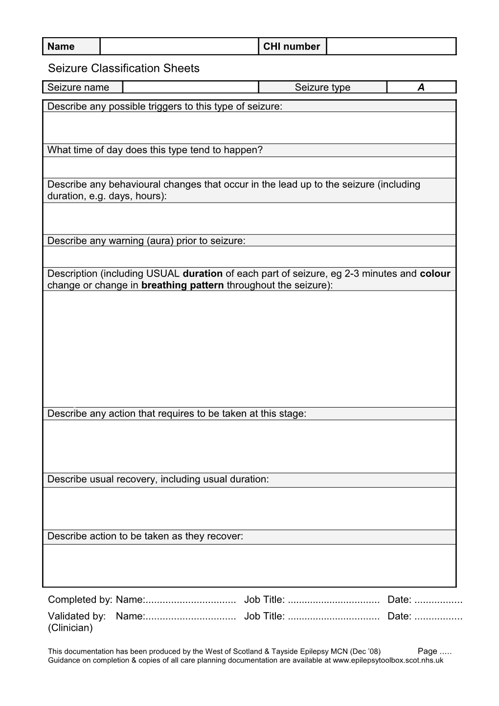 Seizure Classification Sheets