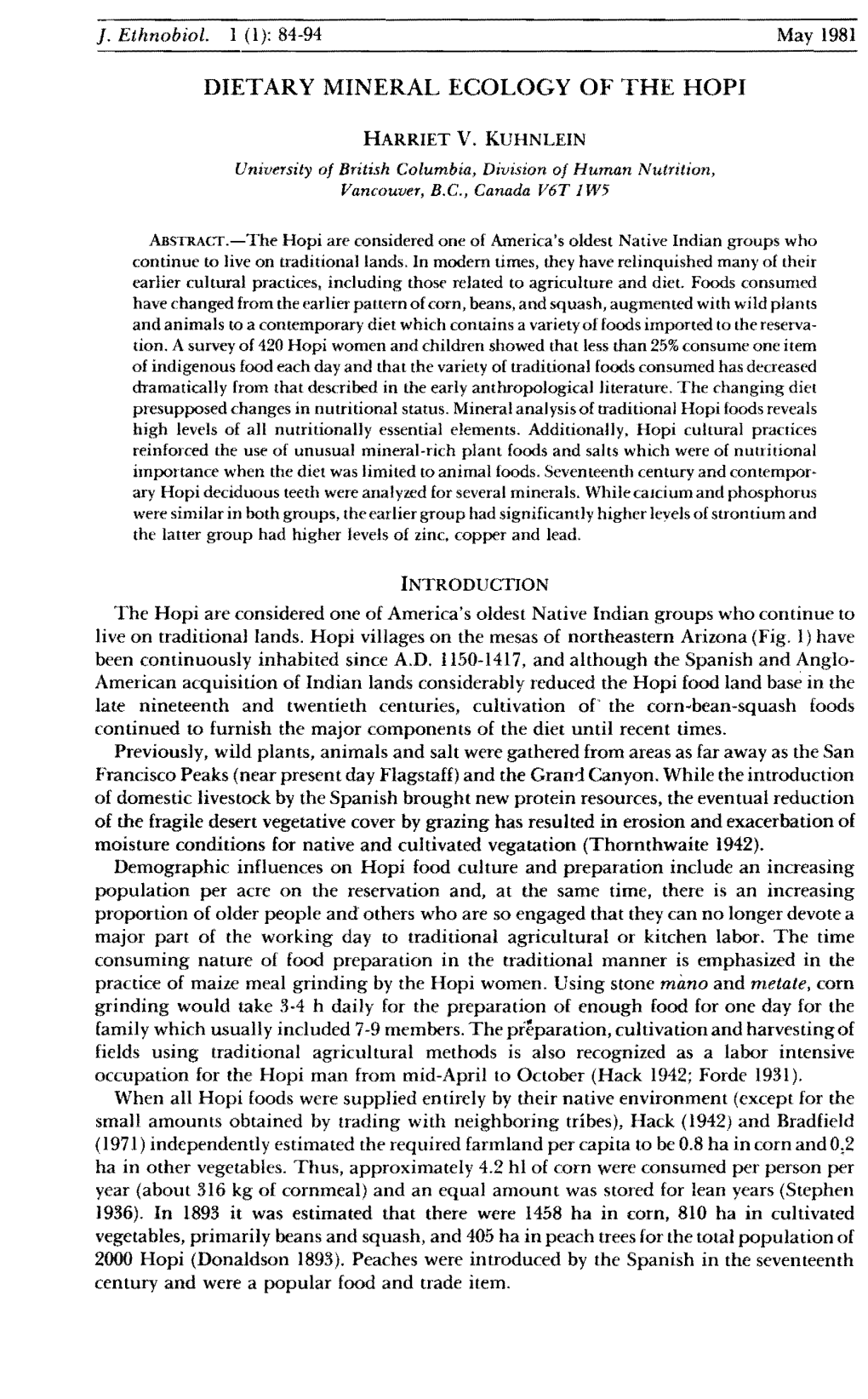 Dietary Mineral Ecology of the Hopi