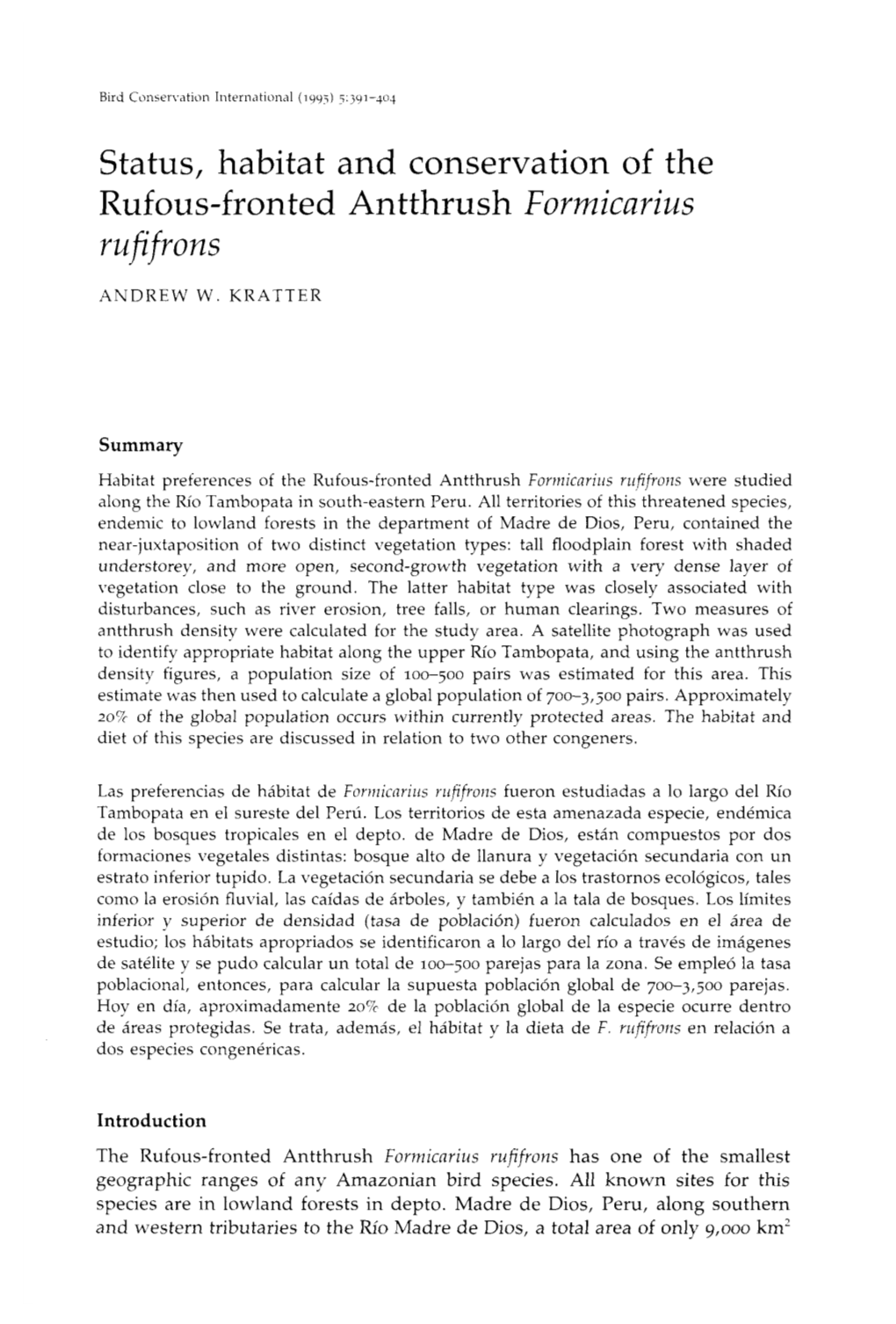 Status, Habitat and Conservation of the Rufous-Fronted Antthrush Formicarius Rufifrons