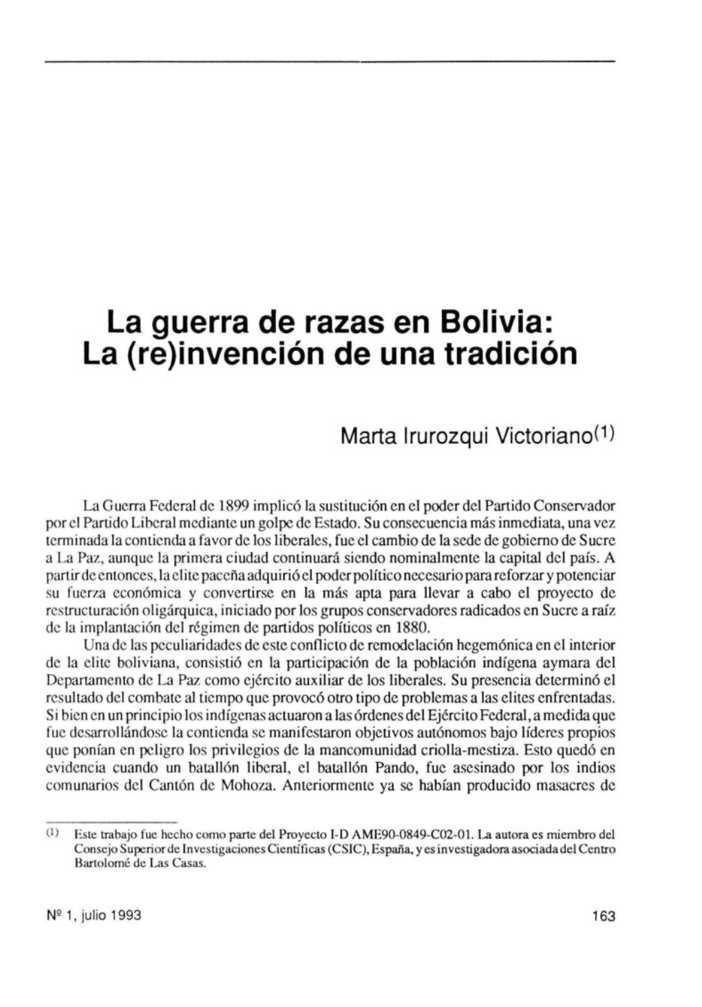 La Guerra De Razas En Bolivia: La (Re)Invención De Una Tradición