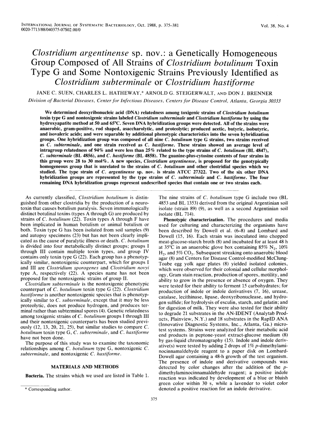 Clostridium Botulinum Toxin Type G and Some Nontoxigenic Strains Previously Identified As Clostridium Subterminale Or Clostridium Hastiforme JANE C