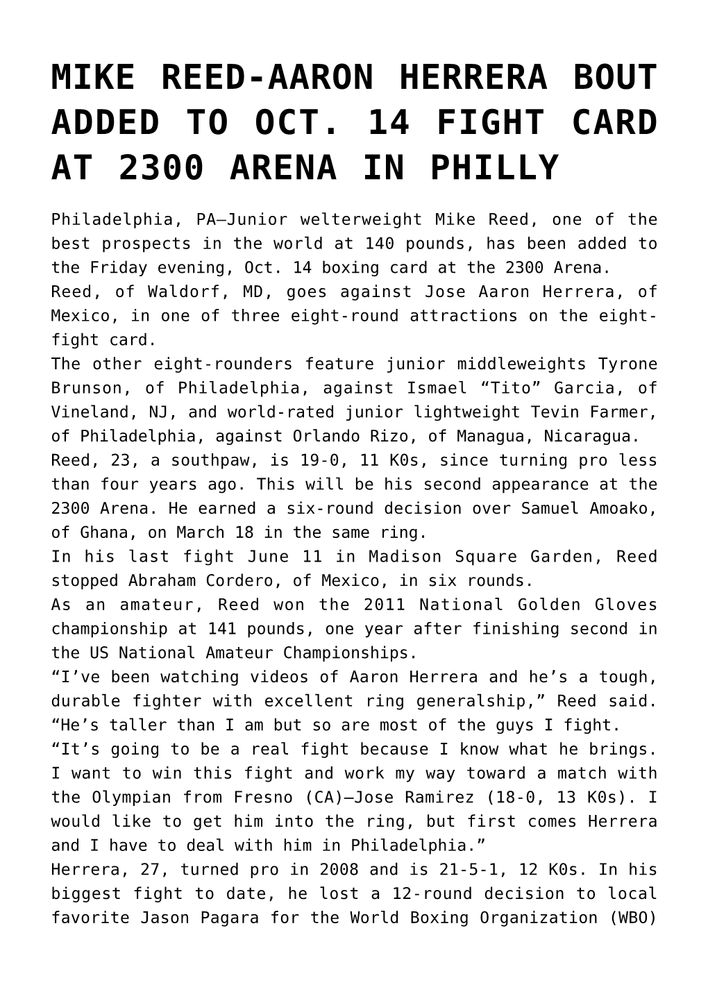 Mike Reed-Aaron Herrera Bout Added to Oct. 14 Fight Card at 2300 Arena in Philly