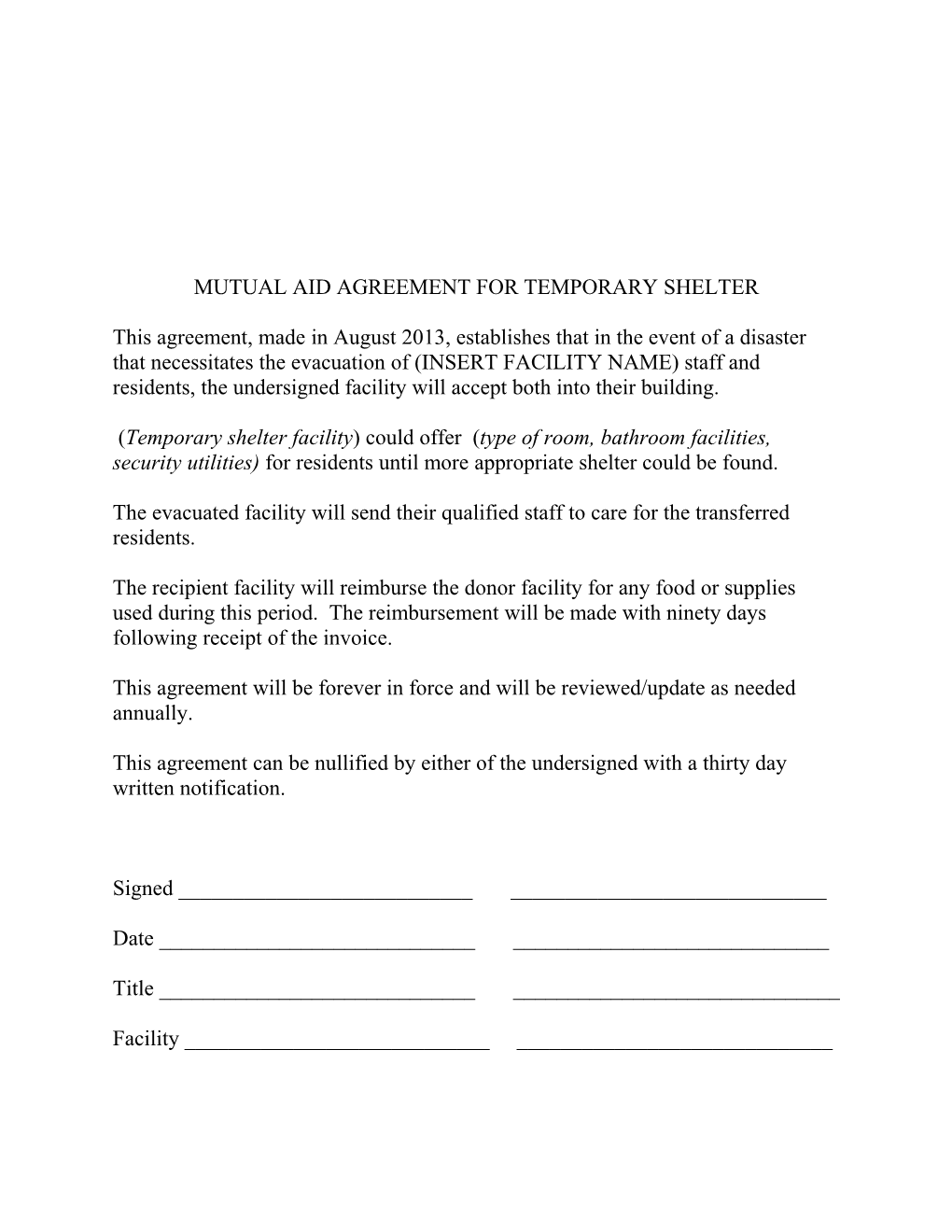 Mutual Aid Agreement for Temporary Shelter