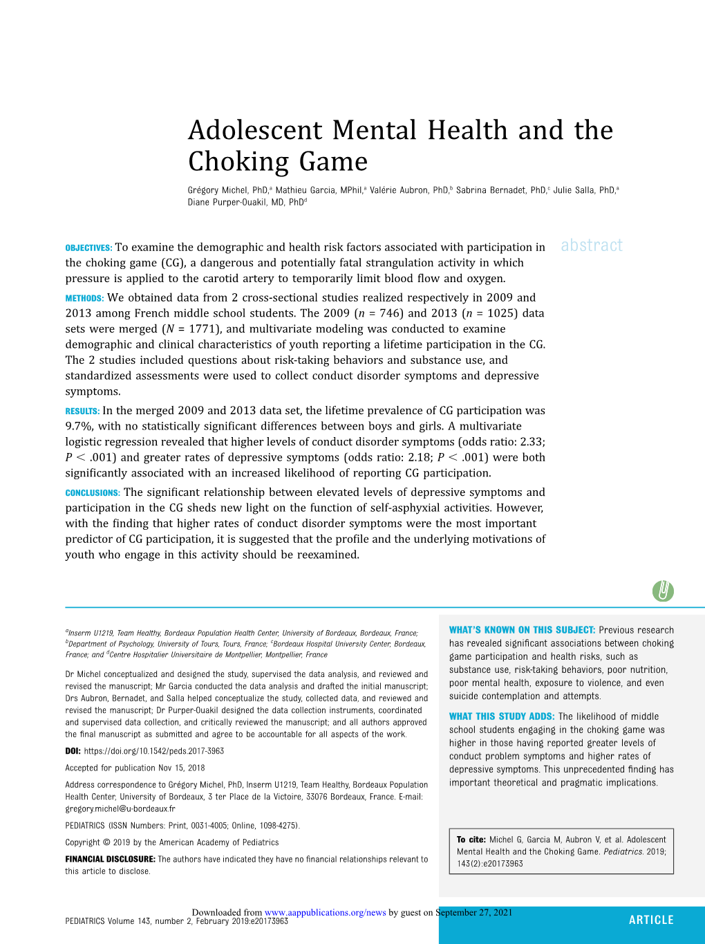 Adolescent Mental Health and the Choking Game