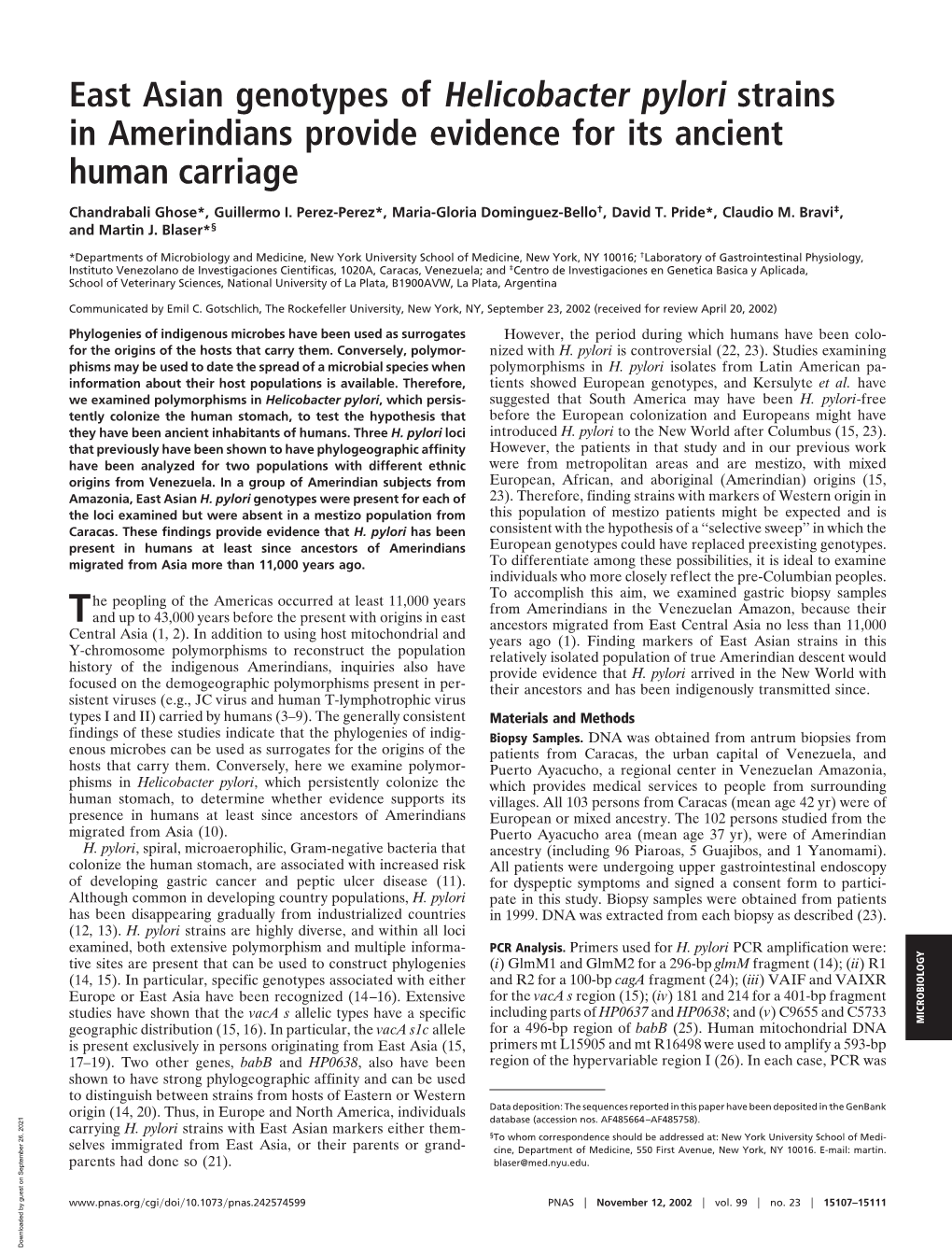 East Asian Genotypes of Helicobacter Pylori Strains in Amerindians Provide Evidence for Its Ancient Human Carriage