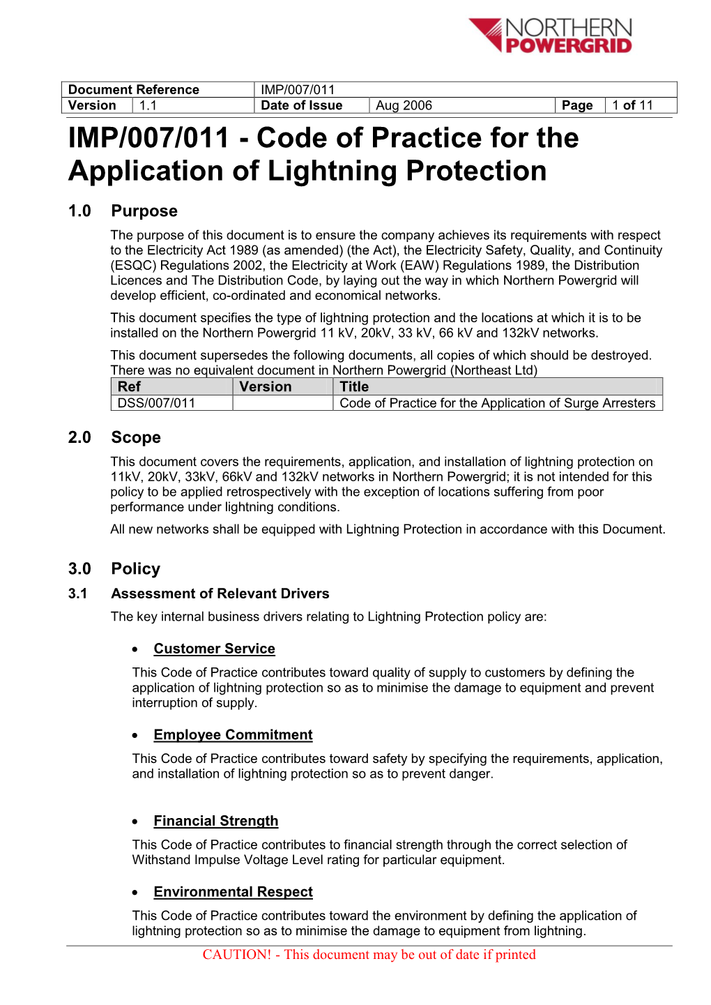 IMP/007/011 Version 1.1 Date of Issue Aug 2006 Page 1 of 11