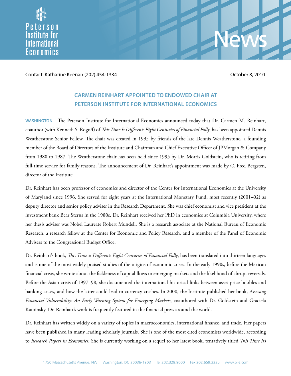 News Release: Carmen Reinhart Appointed to Endowed Chair at Peterson Institute for International Economics