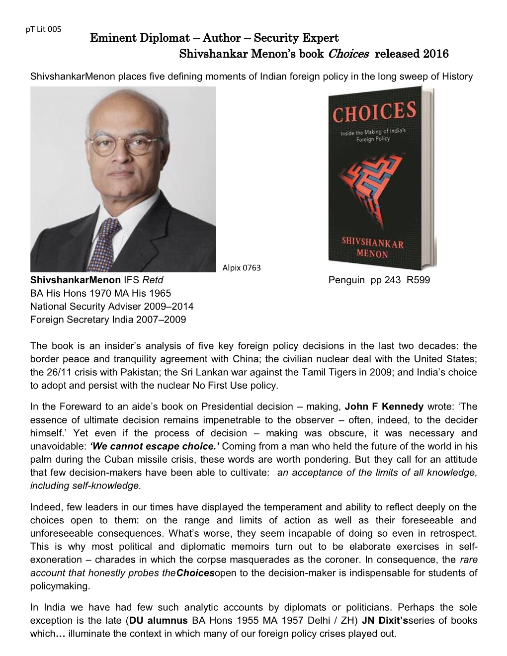 Ev Eminent Diplomat Shivshankar Menon's Book "Choices"