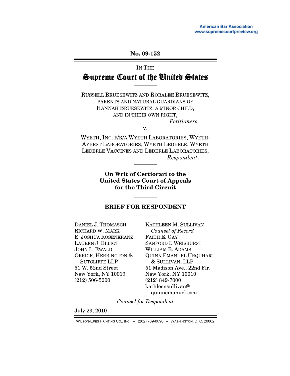 Brief of Petitioner for Bruseeswitz V. Wyeth, Inc., 09-152