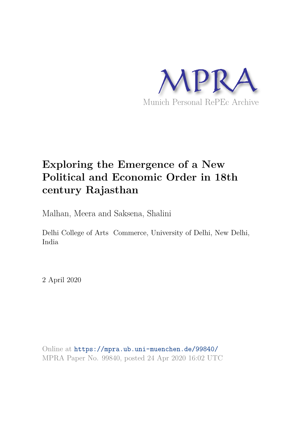 Exploring the Emergence of a New Political and Economic Order in 18Th Century Rajasthan